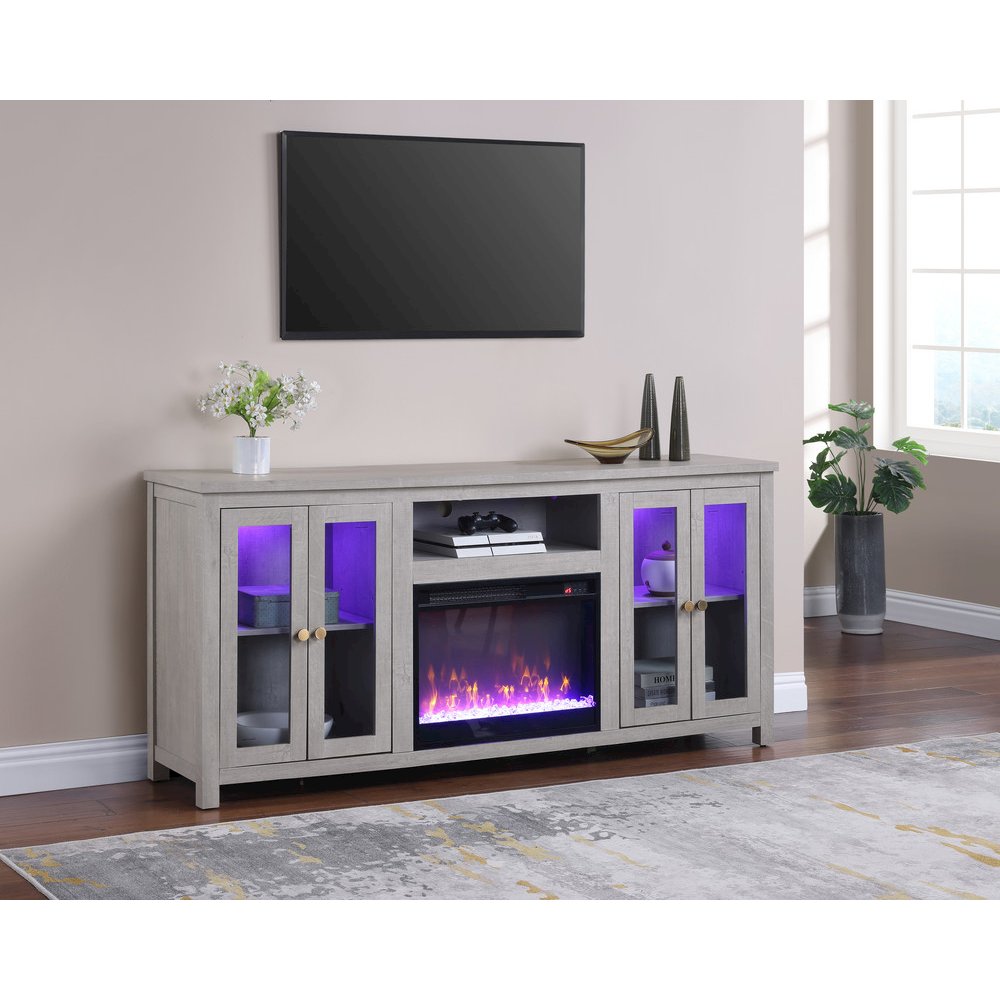 70"W White Walnut Finish Fireplace TV Stand Console with LED Light, Cabinets. Picture 5