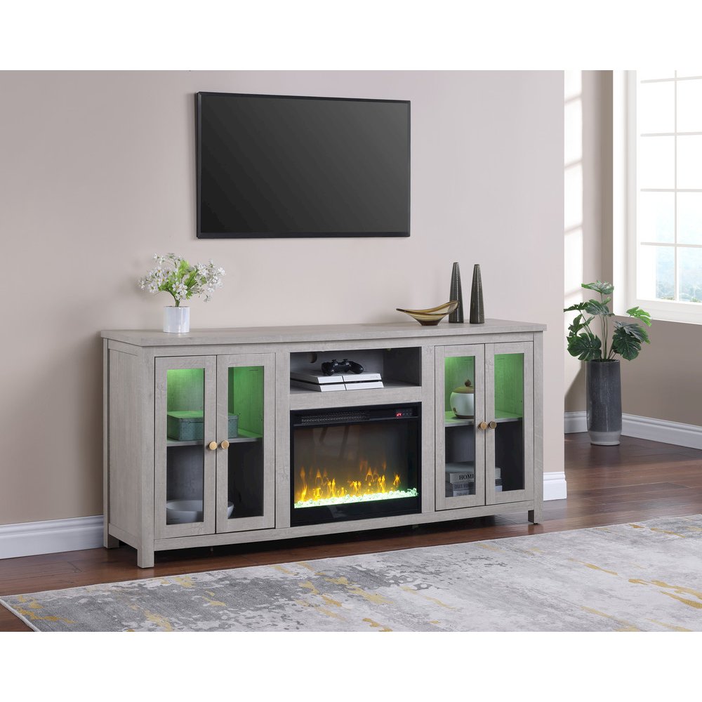 70"W White Walnut Finish Fireplace TV Stand Console with LED Light, Cabinets. Picture 6