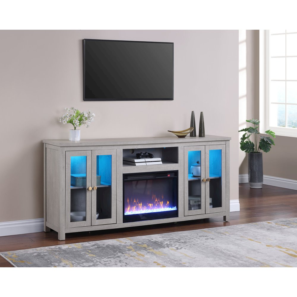 70"W White Walnut Finish Fireplace TV Stand Console with LED Light, Cabinets. Picture 7