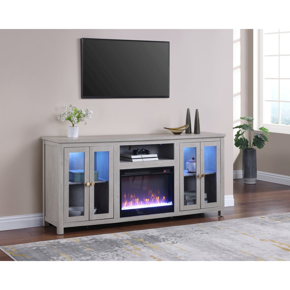 70"W White Walnut Finish Fireplace TV Stand Console with LED Light, Cabinets. Picture 8