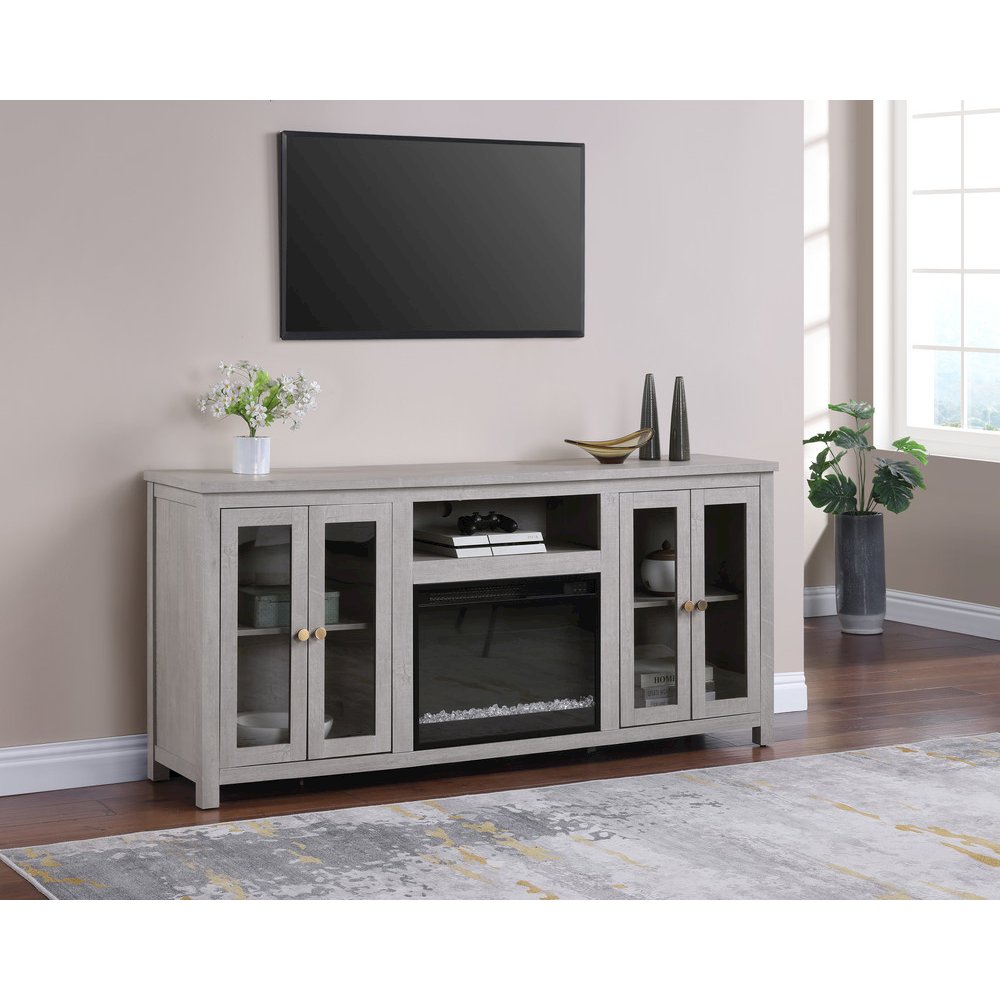 70"W White Walnut Finish Fireplace TV Stand Console with LED Light, Cabinets. Picture 9