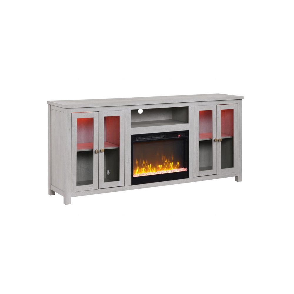 70"W White Walnut Finish Fireplace TV Stand Console with LED Light, Cabinets. Picture 1