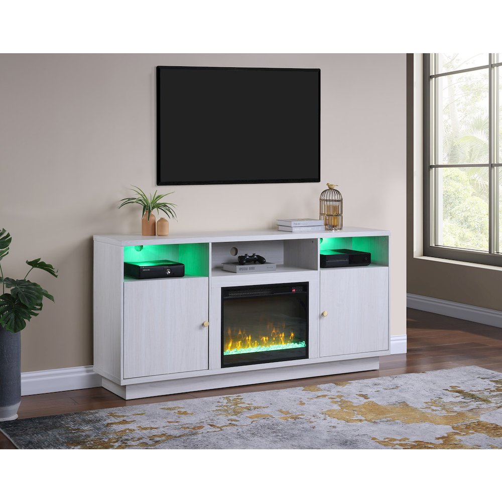 70"W White Walnut Finish Fireplace Console TV Stand with LED Light, Cabinets. Picture 4