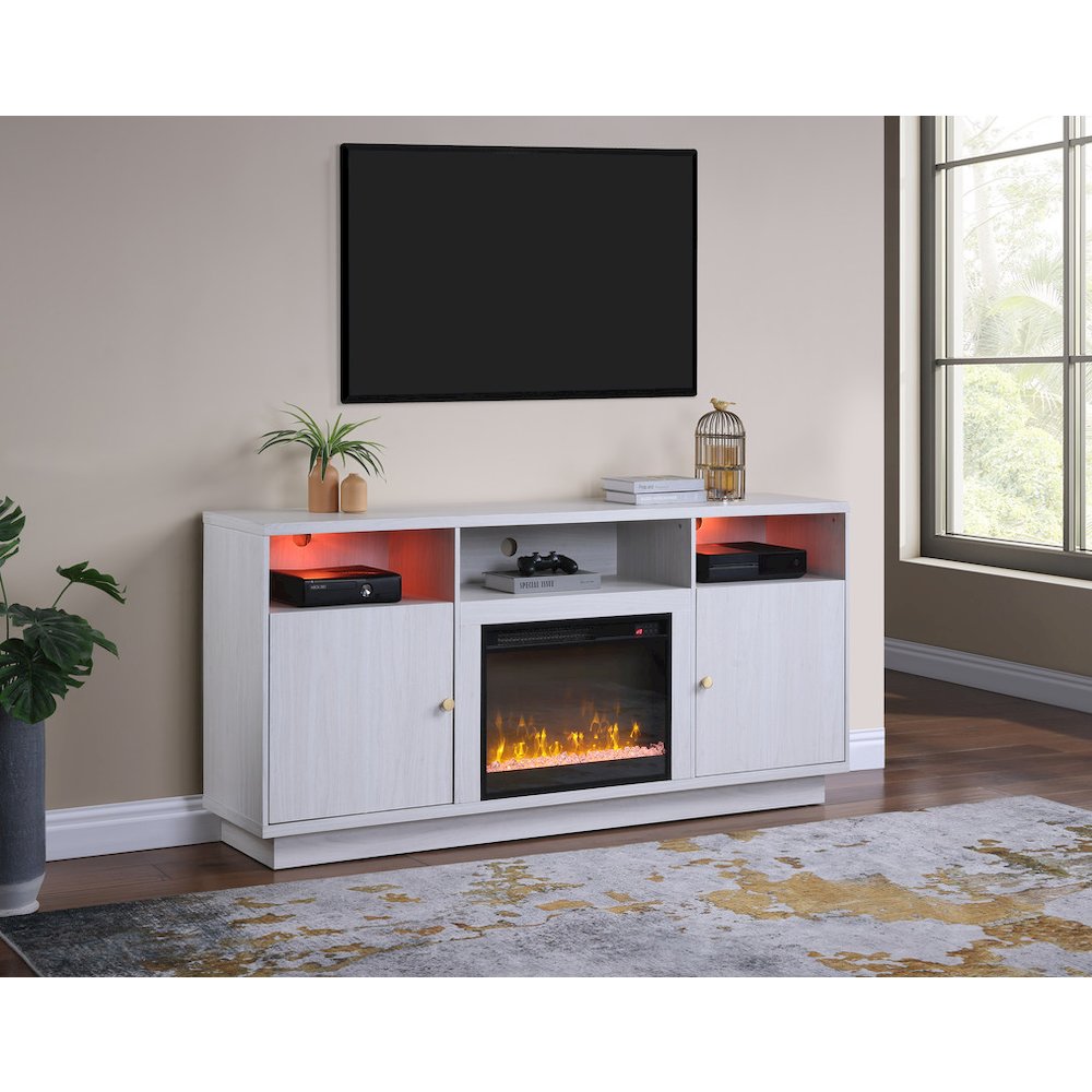 70"W White Walnut Finish Fireplace Console TV Stand with LED Light, Cabinets. Picture 2