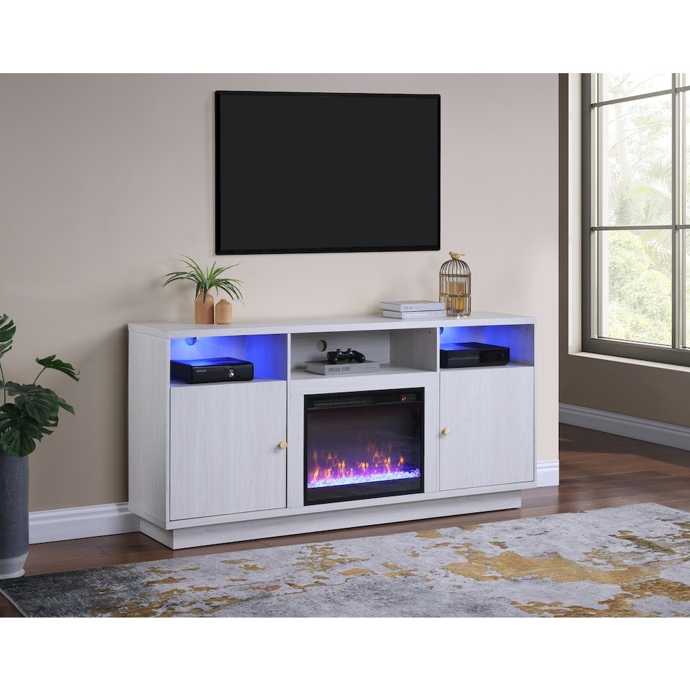 70"W White Walnut Finish Fireplace Console TV Stand with LED Light, Cabinets. Picture 3
