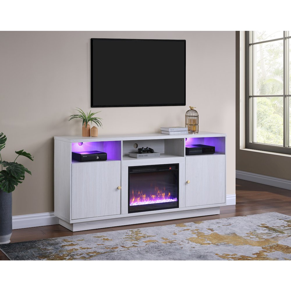 70"W White Walnut Finish Fireplace Console TV Stand with LED Light, Cabinets. Picture 5