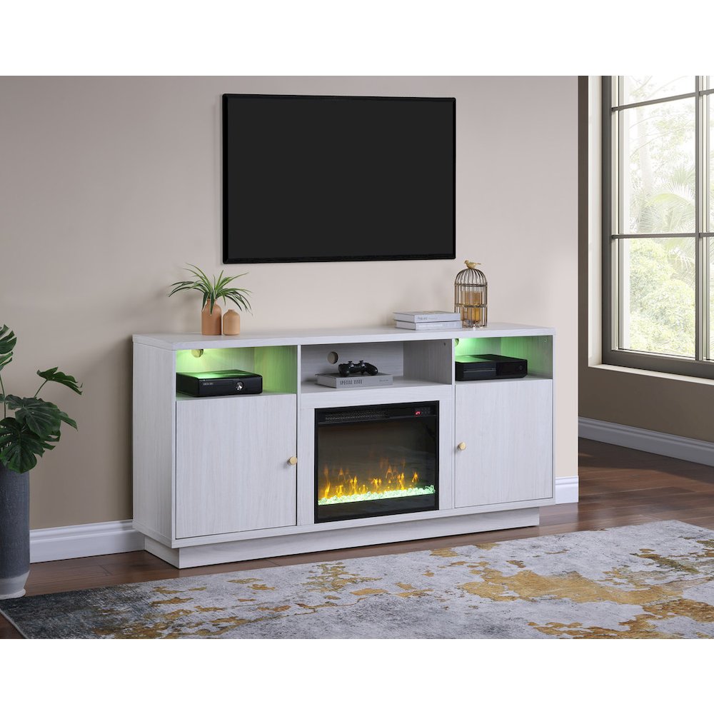 70"W White Walnut Finish Fireplace Console TV Stand with LED Light, Cabinets. Picture 6