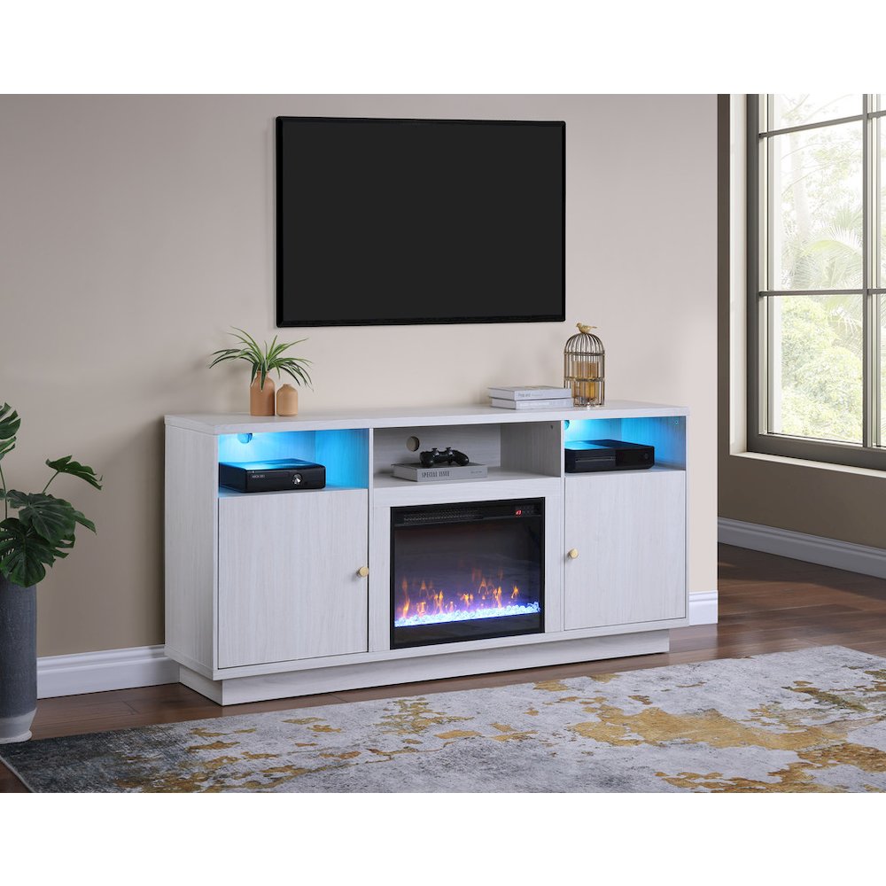 70"W White Walnut Finish Fireplace Console TV Stand with LED Light, Cabinets. Picture 7