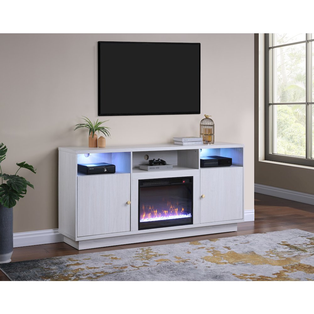 70"W White Walnut Finish Fireplace Console TV Stand with LED Light, Cabinets. Picture 8
