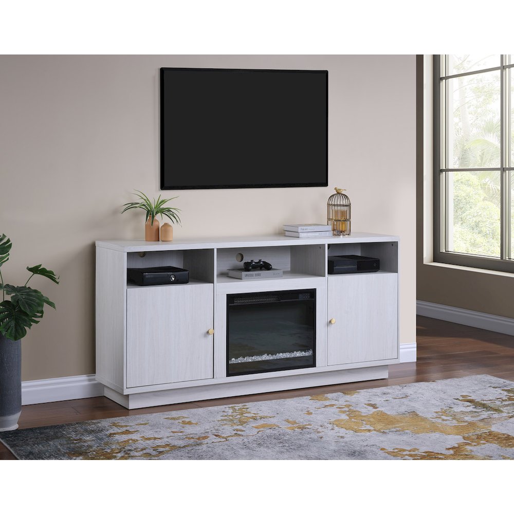 70"W White Walnut Finish Fireplace Console TV Stand with LED Light, Cabinets. Picture 9