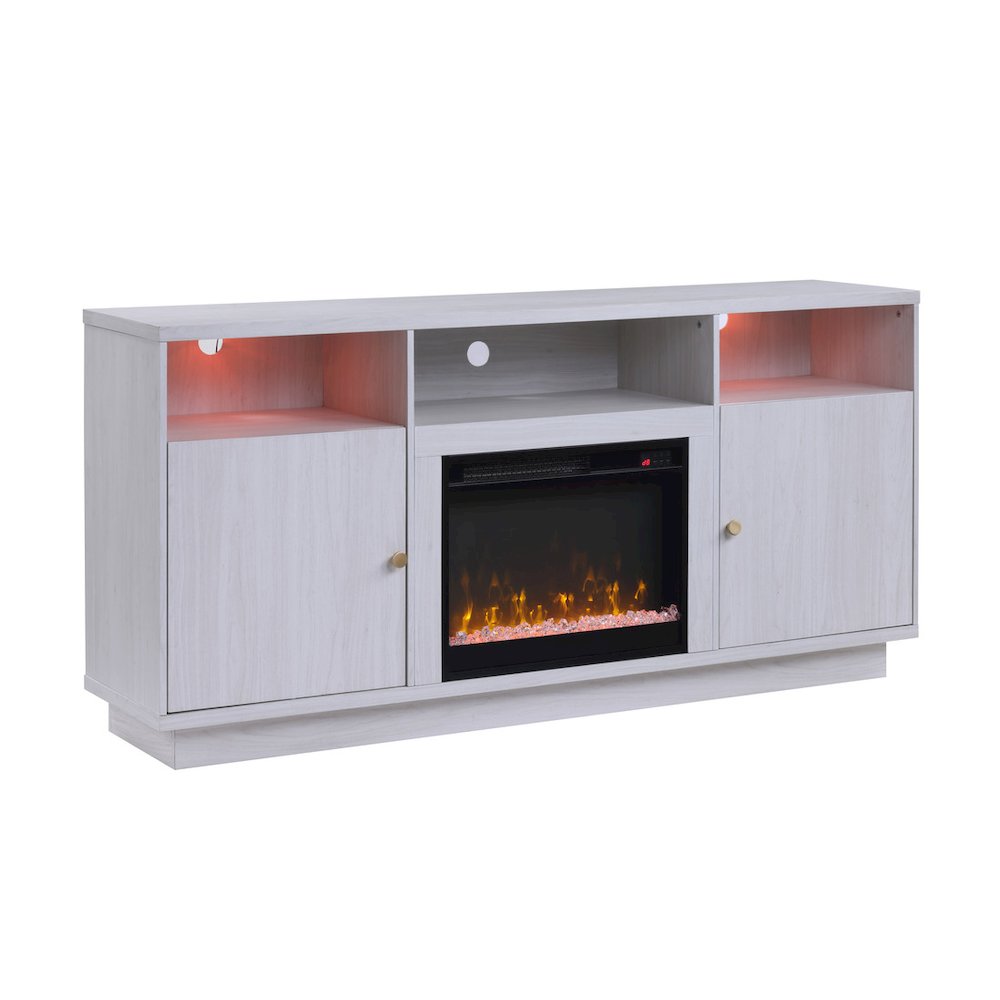 70"W White Walnut Finish Fireplace Console TV Stand with LED Light, Cabinets. Picture 1