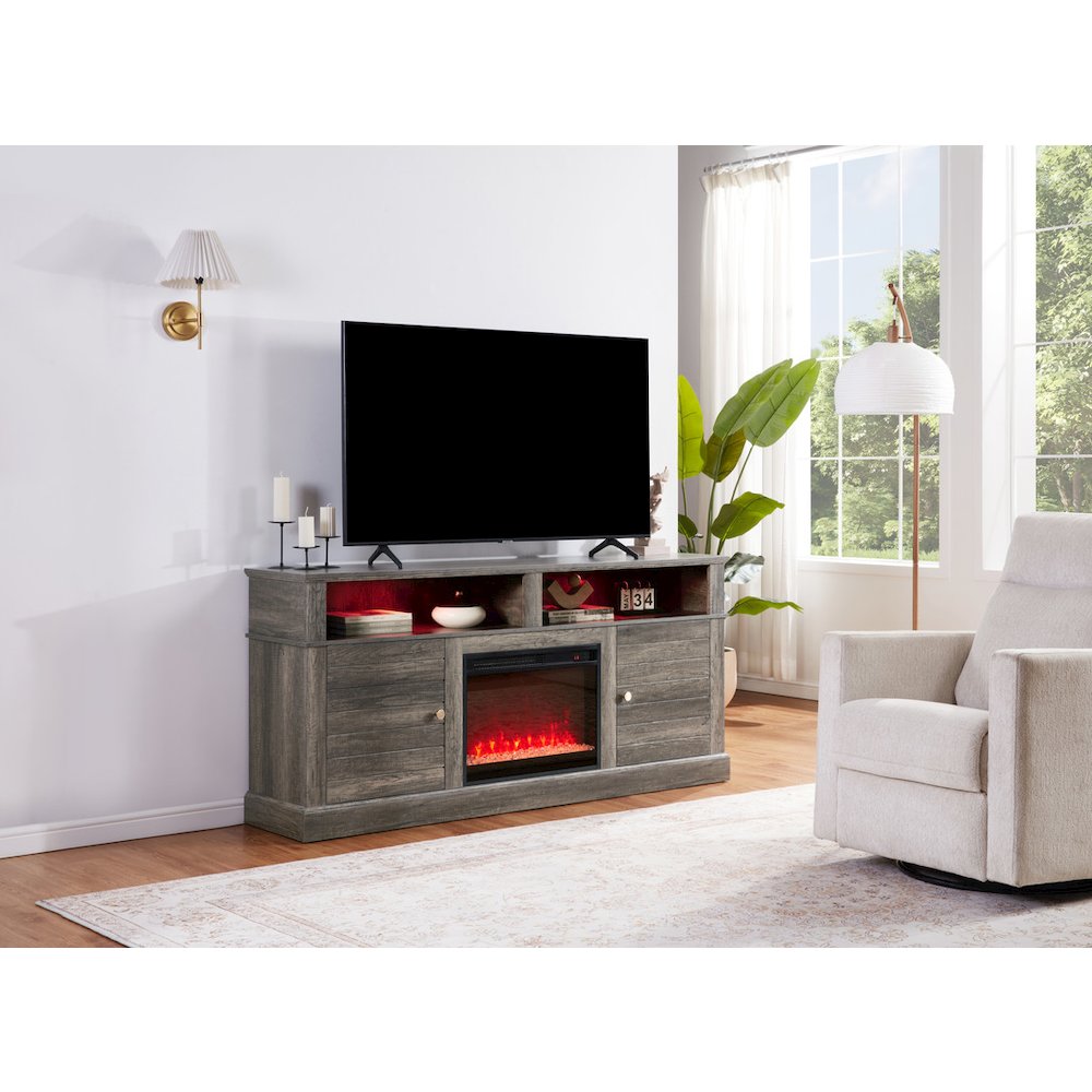Lucifer 70"W Gray Walnut Finish TV Stand Console with Fireplace and Heater. Picture 2