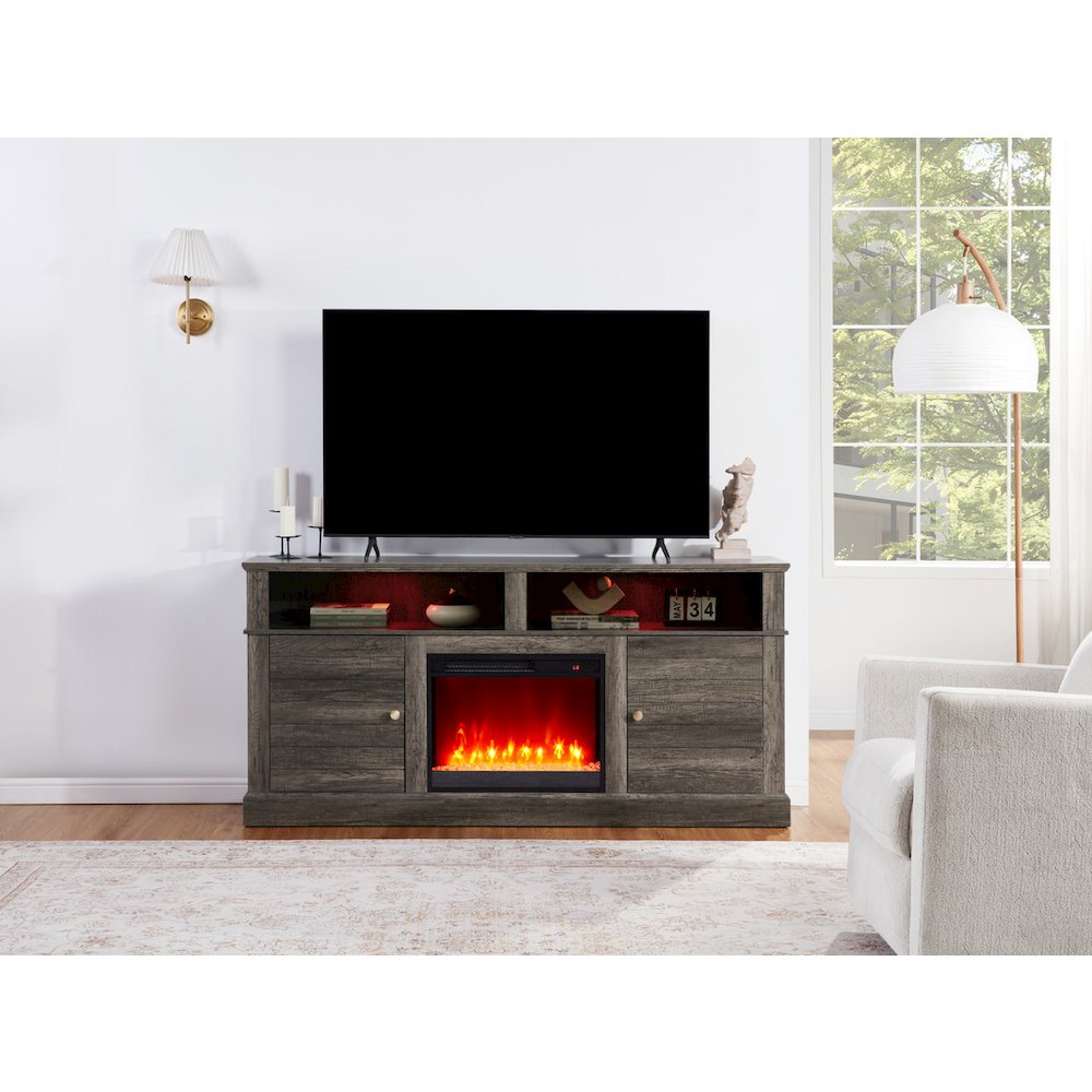 Lucifer 70"W Gray Walnut Finish TV Stand Console with Fireplace and Heater. Picture 3