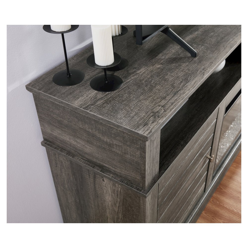 Lucifer 70"W Gray Walnut Finish TV Stand Console with Fireplace and Heater. Picture 6