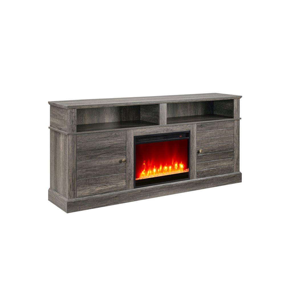 Lucifer 70"W Gray Walnut Finish TV Stand Console with Fireplace and Heater. Picture 1