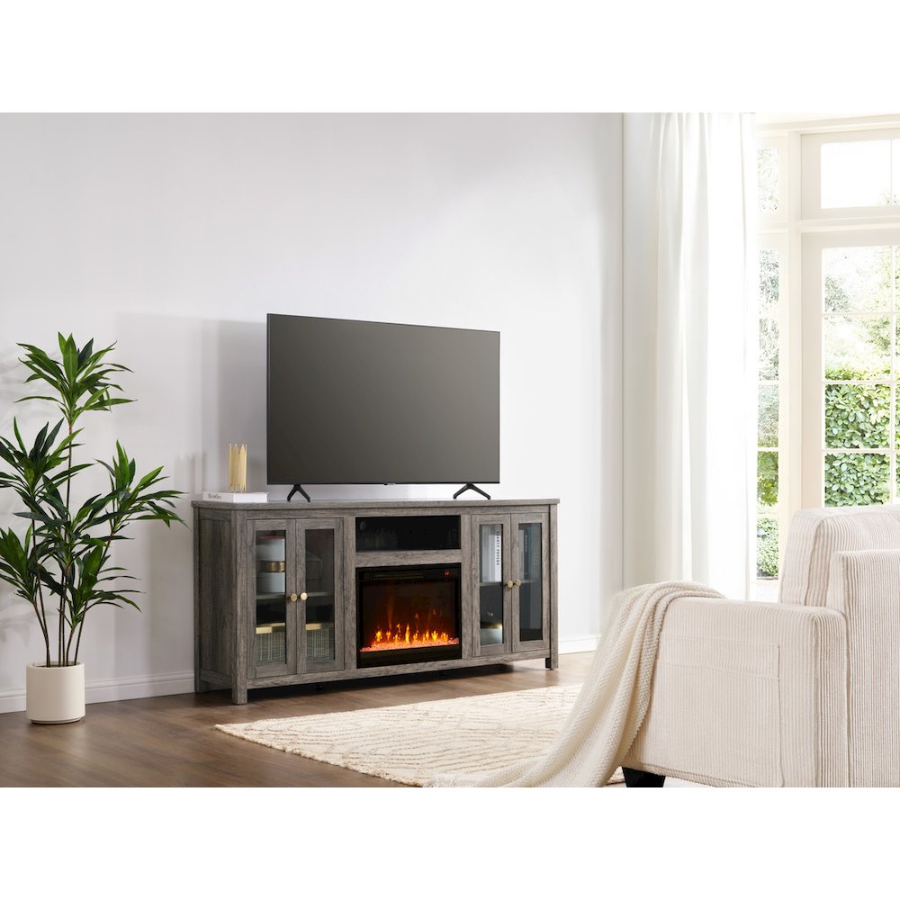 Ellington 70"W Gray Walnut Finish Fireplace TV Stand Console with Heater. Picture 2