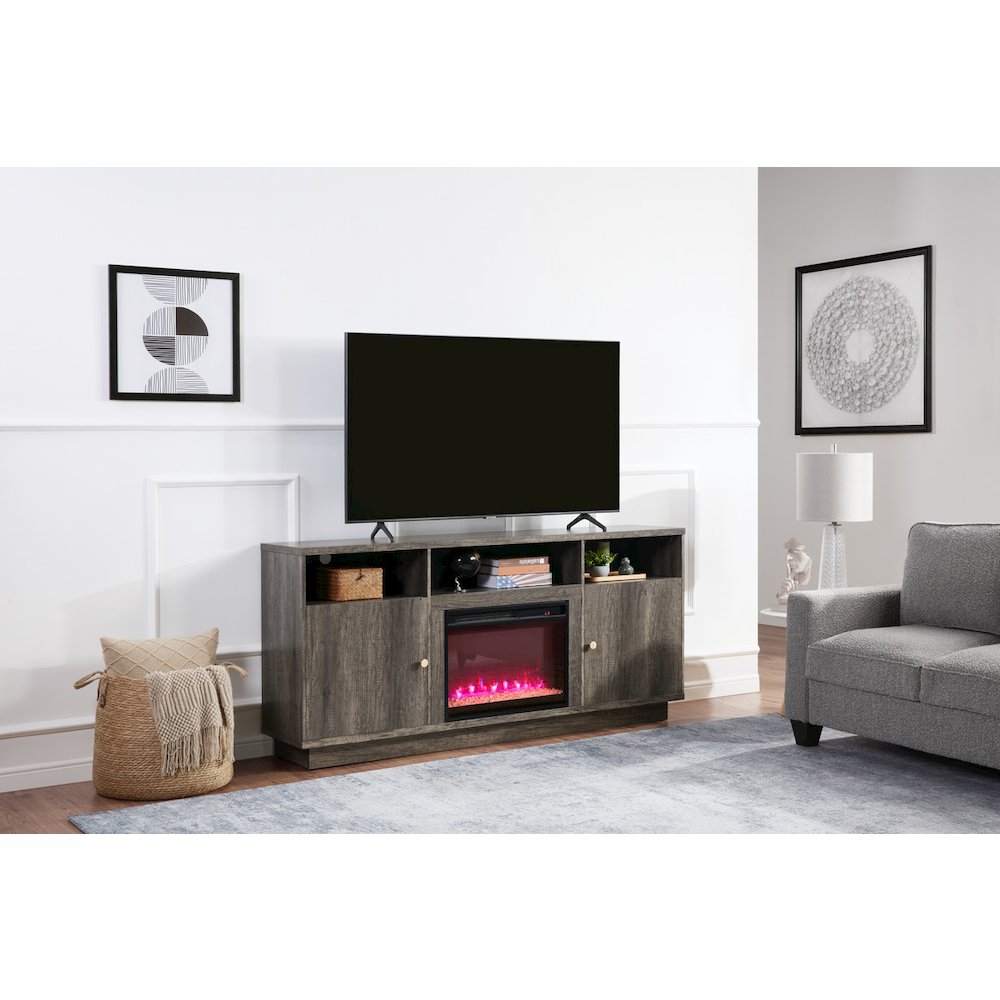 Ambrose 70"W Gray Walnut Finish Fireplace TV Stand Console with Heater. Picture 2