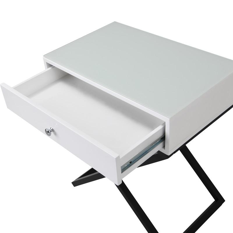 Koda White Wooden End Side Table Nightstand with Glass Top, Drawer and Metal Cross Base. Picture 6