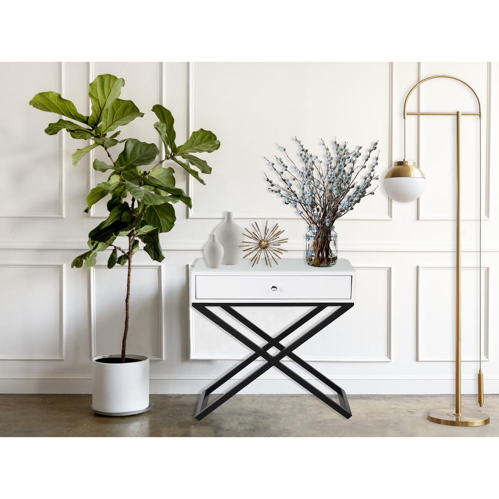 Koda White Wooden End Side Table Nightstand with Glass Top, Drawer and Metal Cross Base. Picture 4
