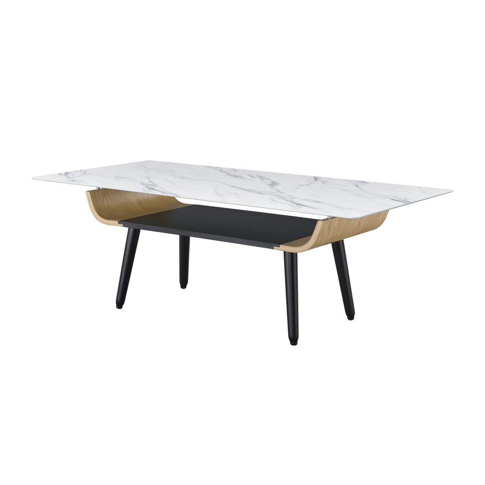 Landon Coffee Table with Glass White Marble Texture Top and Bent Wood Design. Picture 1