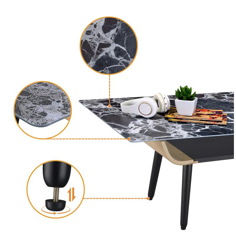 Landon Coffee Table with Glass Black Marble Texture Top and Bent Wood Design. Picture 2