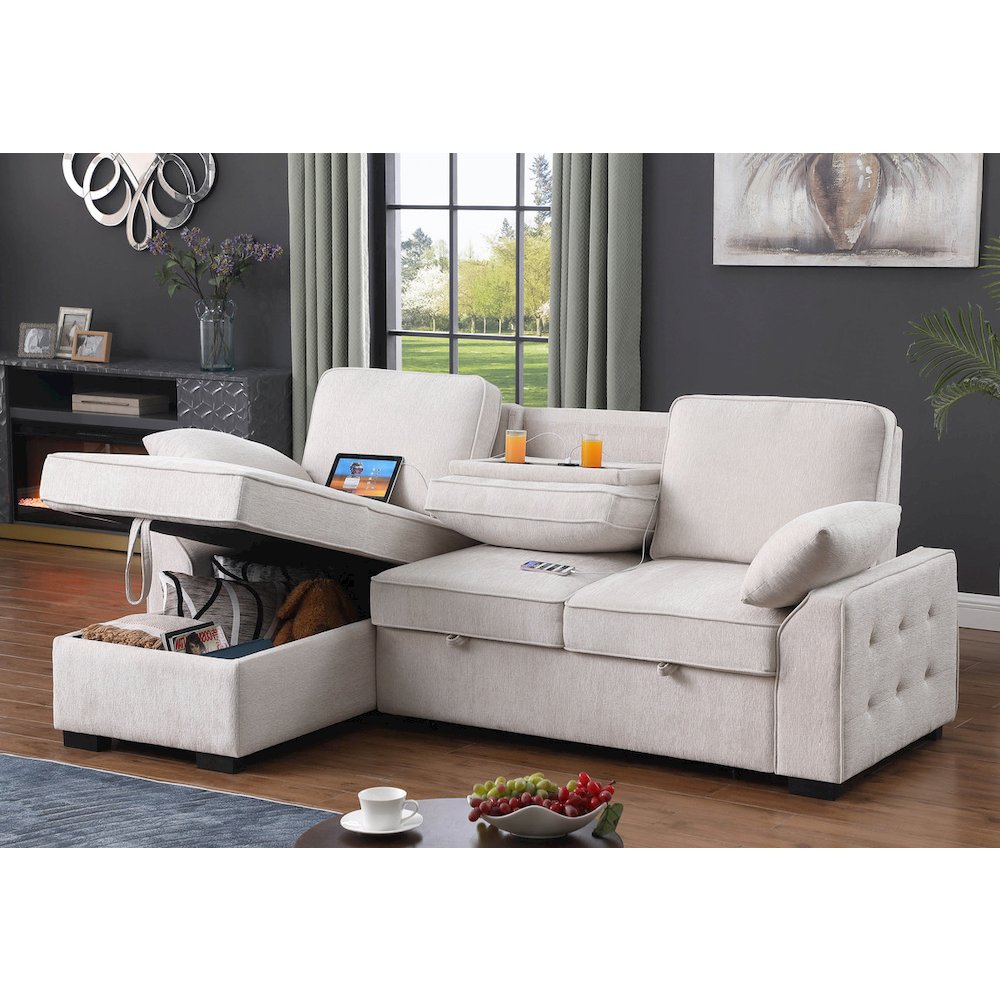 91"W Beige Chenille Fabric Reversible Sleeper Sectional with Storage Chaise. Picture 8