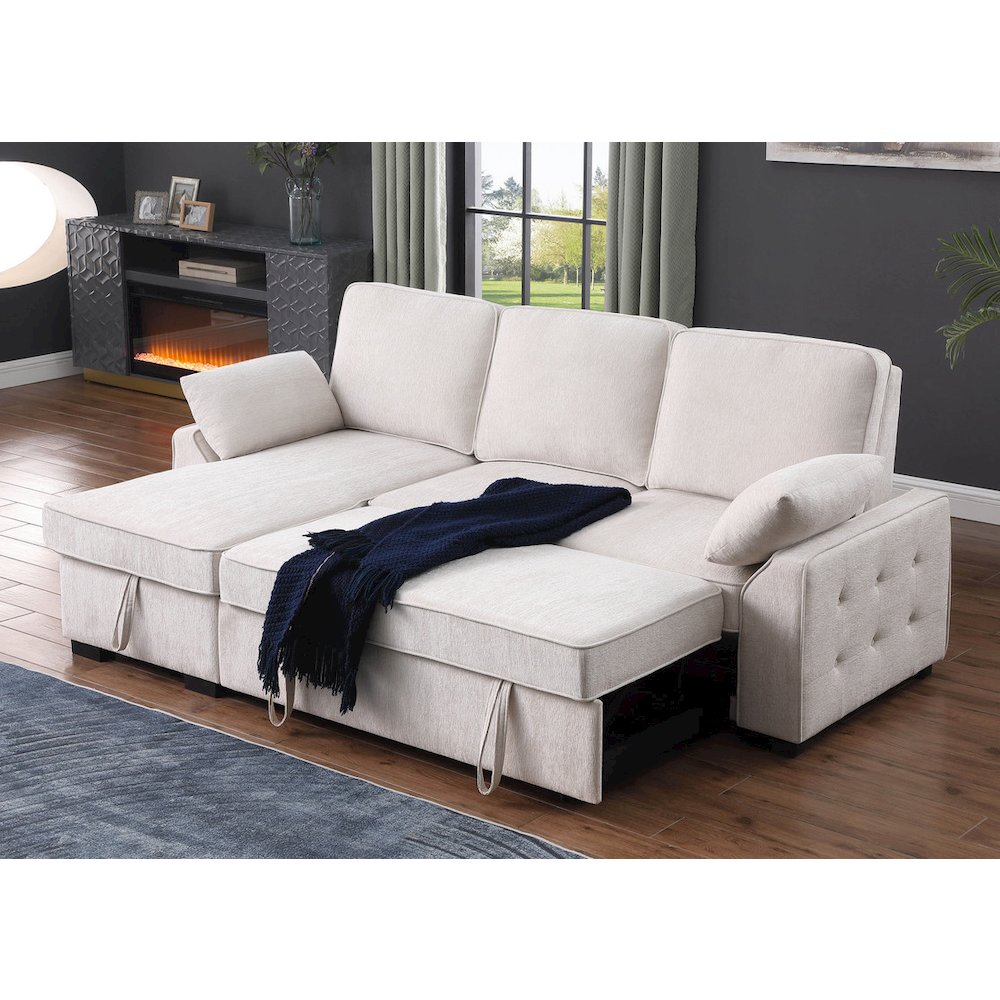 91"W Beige Chenille Fabric Reversible Sleeper Sectional with Storage Chaise. Picture 2