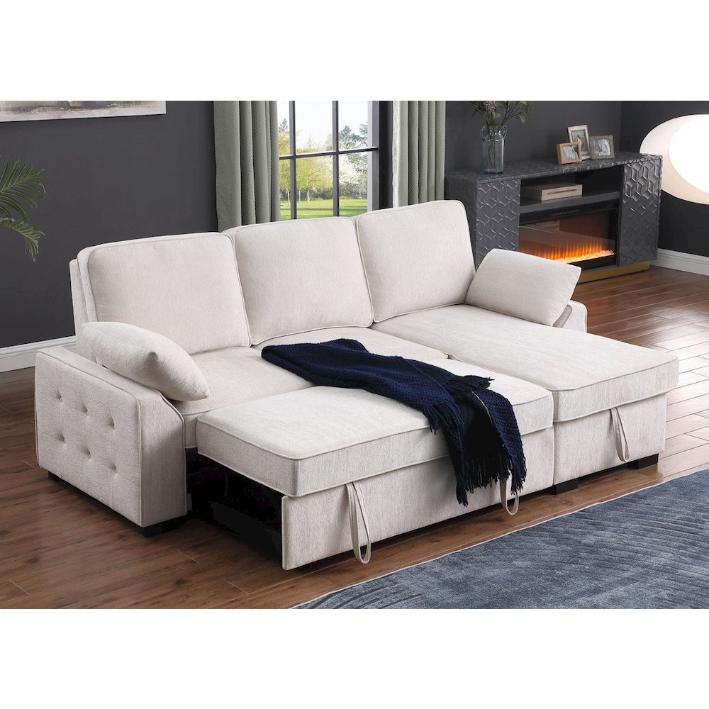 91"W Beige Chenille Fabric Reversible Sleeper Sectional with Storage Chaise. Picture 3