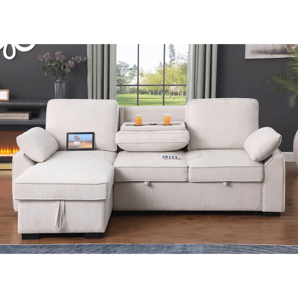 91"W Beige Chenille Fabric Reversible Sleeper Sectional with Storage Chaise. Picture 4