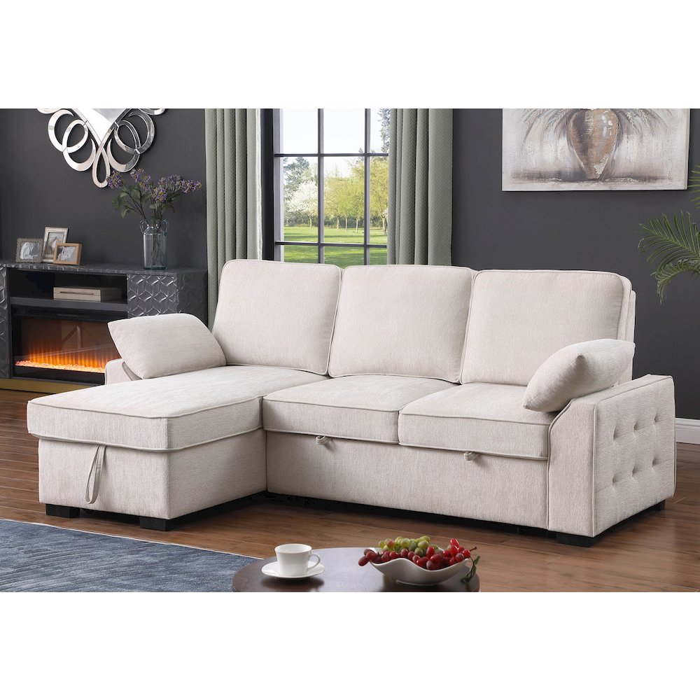 91"W Beige Chenille Fabric Reversible Sleeper Sectional with Storage Chaise. Picture 5