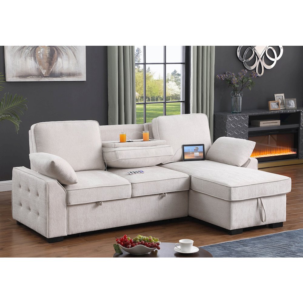 91"W Beige Chenille Fabric Reversible Sleeper Sectional with Storage Chaise. Picture 6