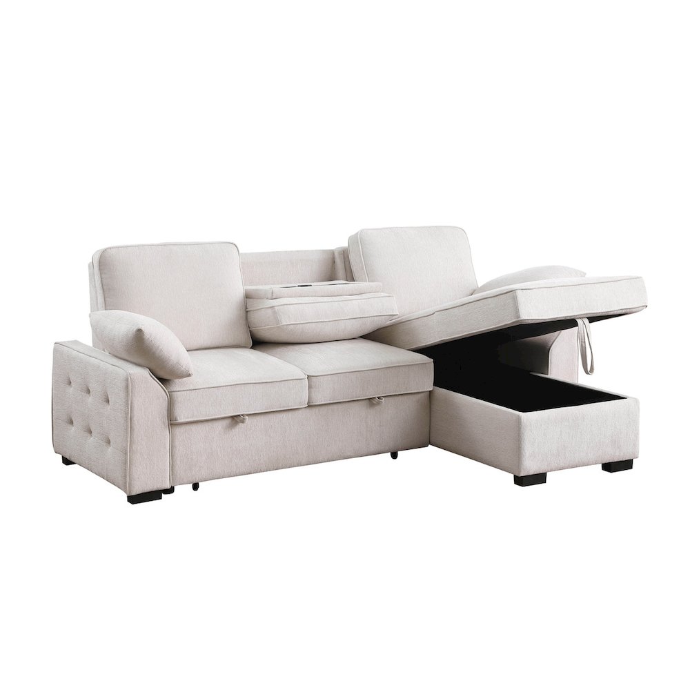 91"W Beige Chenille Fabric Reversible Sleeper Sectional with Storage Chaise. Picture 1