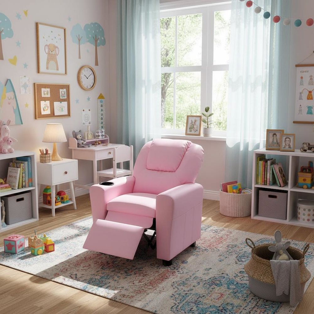 Kids Recliner Chair, Pink PU Leather, Cupholder. Picture 4