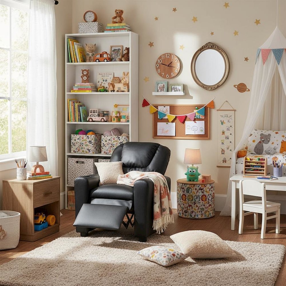 Kids Recliner Chair, Black PU Leather, Cupholder. Picture 4