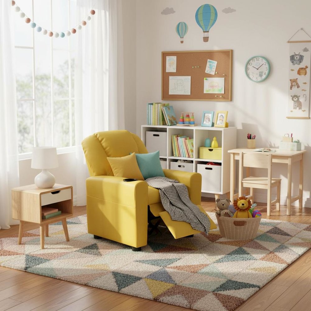 Kids Recliner Chair, Yellow PU Leather, Cupholder. Picture 4