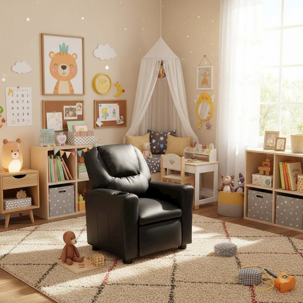 Kids Recliner Chair, Black PU Leather, Cupholder. Picture 5