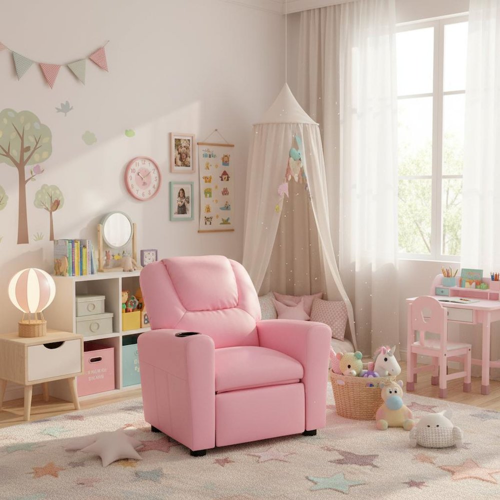 Kids Recliner Chair, Pink PU Leather, Cupholder. Picture 5