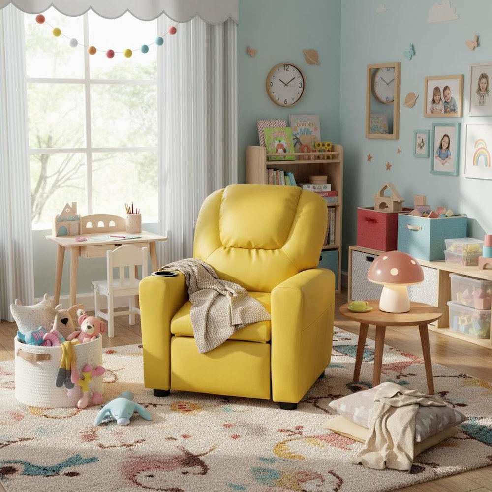Kids Recliner Chair, Yellow PU Leather, Cupholder. Picture 5