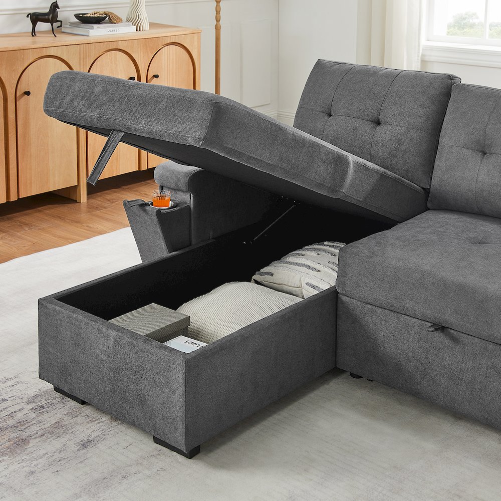 95"W Gray Woven Fabric Reversible Sleeper Sectional Sofa with Storage Chaise. Picture 9