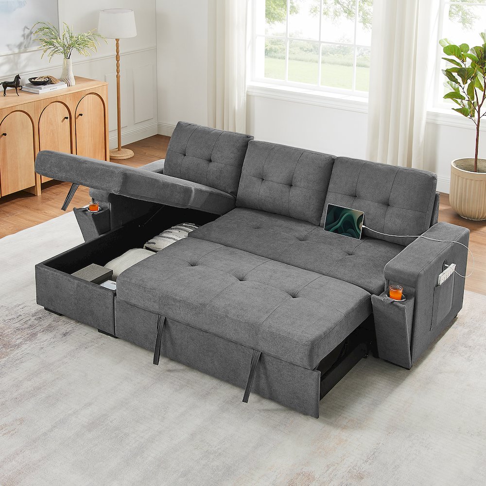 95"W Gray Woven Fabric Reversible Sleeper Sectional Sofa with Storage Chaise. Picture 2