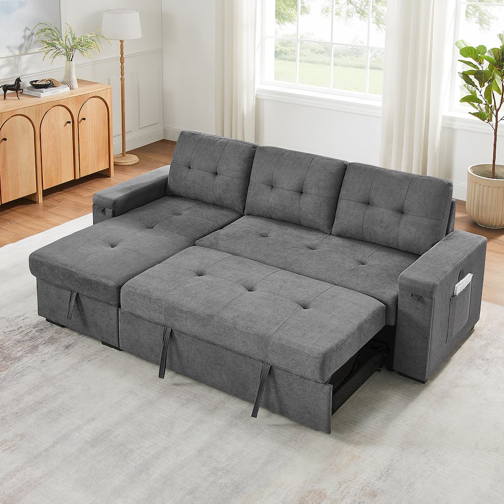 95"W Gray Woven Fabric Reversible Sleeper Sectional Sofa with Storage Chaise. Picture 3