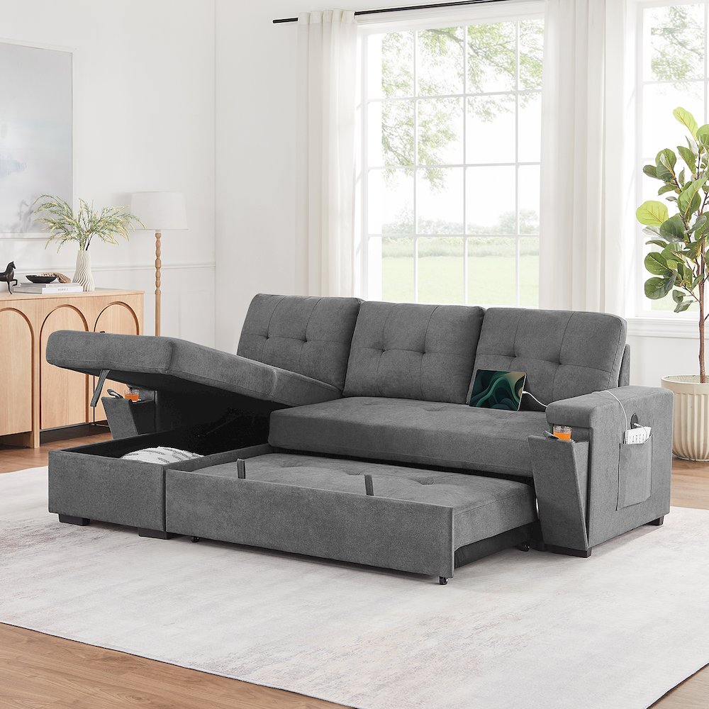 95"W Gray Woven Fabric Reversible Sleeper Sectional Sofa with Storage Chaise. Picture 4