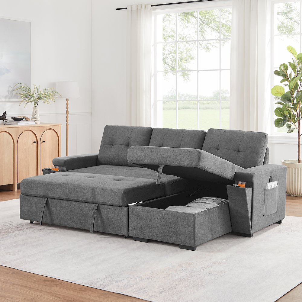 95"W Gray Woven Fabric Reversible Sleeper Sectional Sofa with Storage Chaise. Picture 5