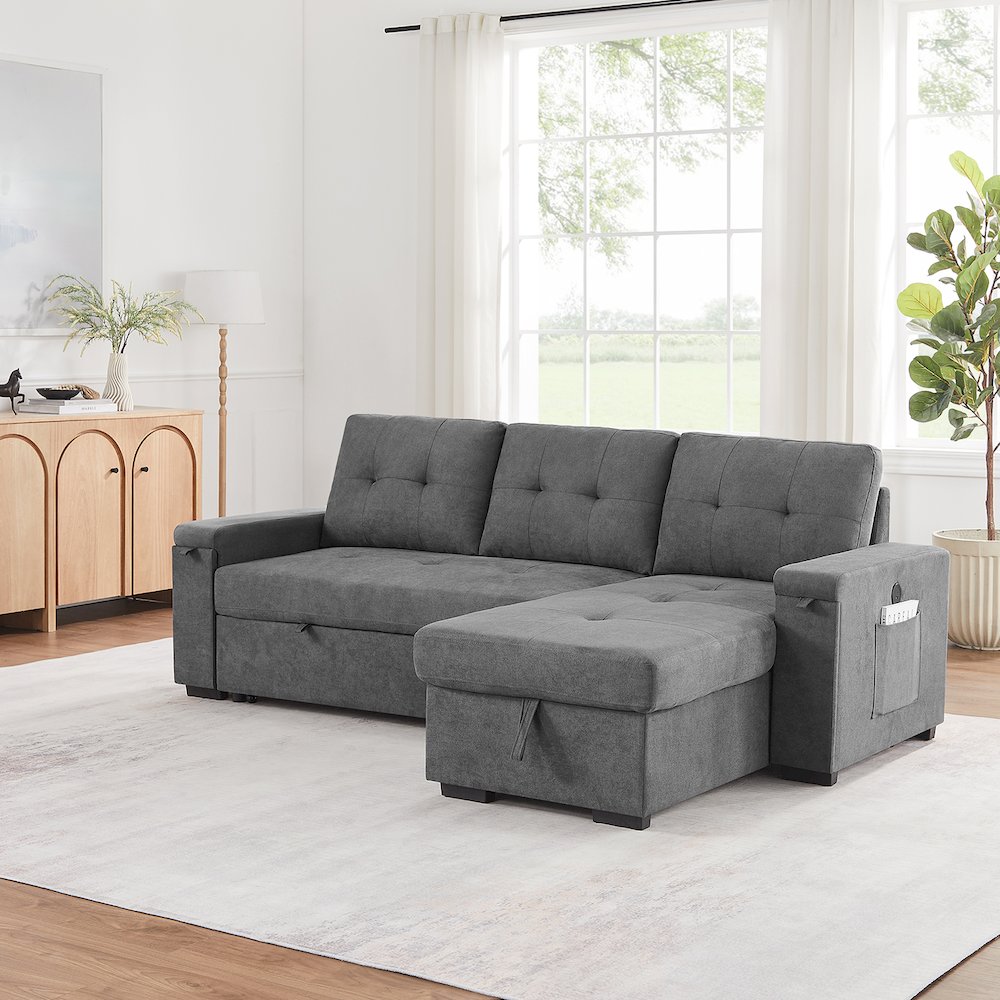 95"W Gray Woven Fabric Reversible Sleeper Sectional Sofa with Storage Chaise. Picture 6