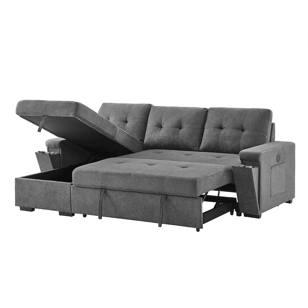 95"W Gray Woven Fabric Reversible Sleeper Sectional Sofa with Storage Chaise. Picture 1