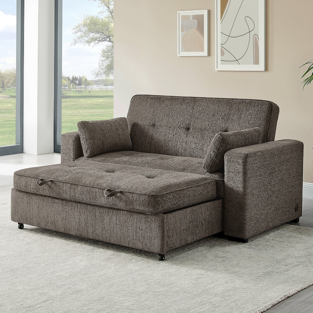 75" Ash Brown Chenille Convertible Sofa Sleeper with Memory Foam,. Picture 2