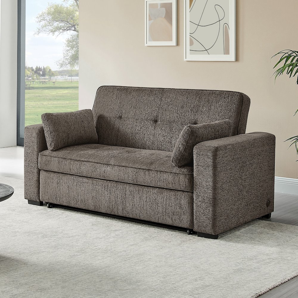 75" Ash Brown Chenille Convertible Sofa Sleeper with Memory Foam,. Picture 4