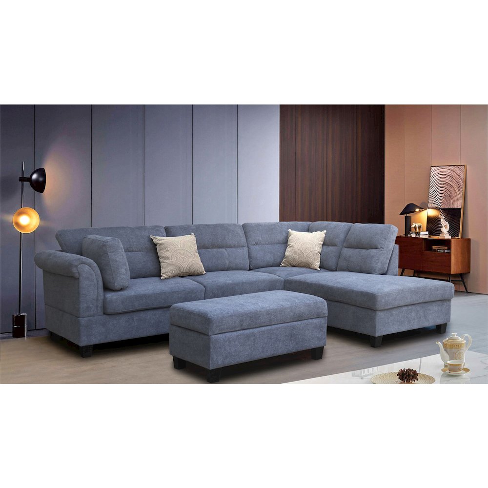 Gray Fabric Sectional Sofa with Right Facing Chaise, Storage Ottoman, 2 Pillows. Picture 2