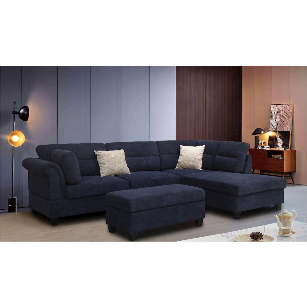 Black Fabric Sectional Sofa with Right Facing Chaise, Storage Ottoman, 2 Pillows. Picture 2