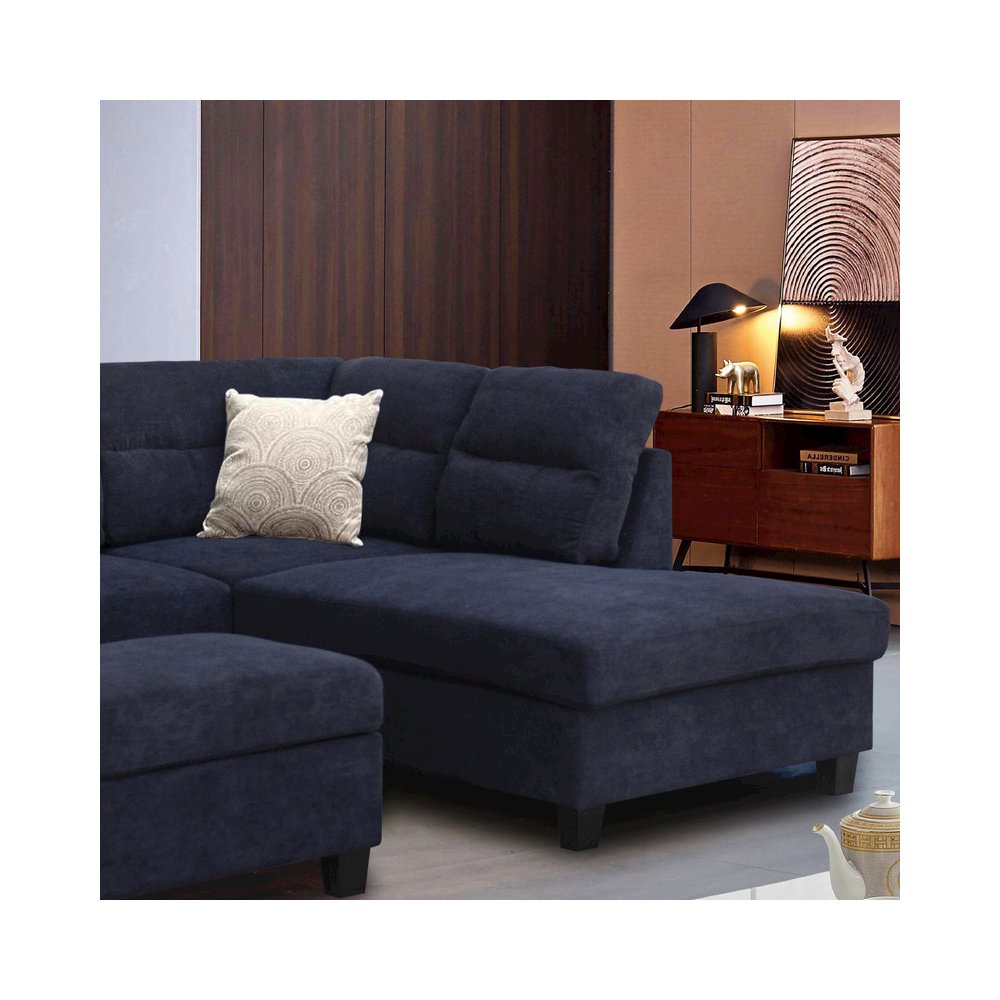 Black Fabric Sectional Sofa with Right Facing Chaise, Storage Ottoman, 2 Pillows. Picture 5